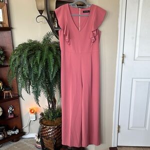 Ivanka Trump Ruffled Sleeves V-Neck Coral Jumpsuit Tailored Office Back Zipper